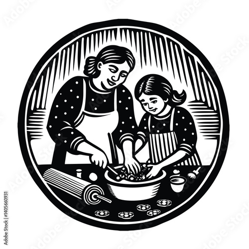 A women cooking with her daughter black and white color silhouette vector