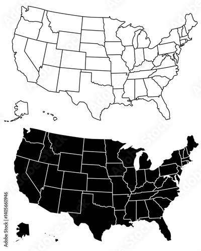 Basic US map with states in both black and white, travel concept