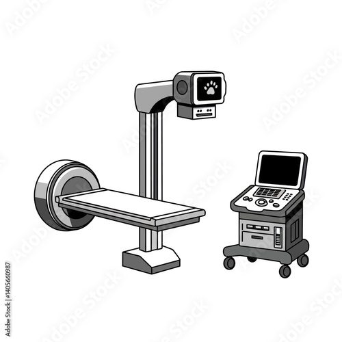 Diagnostic Equipment: A detailed view of veterinary diagnostic apparatus, showcasing the technological tools used in animal care, includes x-ray machines and scanners.
