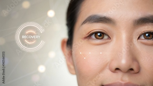 Eye Transplant. Corneal Transplant Close-up of a woman's face highlighting recovery and rejuvenation themes with a soft, glowing background.