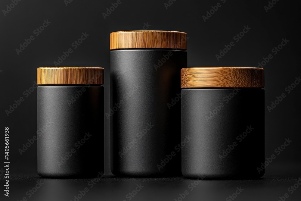 Three black matte cylinder containers with wooden lids are presented in a stylish arrangement, showcasing sleek design and contemporary appeal Three black matte cylinder containers with wooden lids are presented in a stylish arrangement, showcasing sleek design and contemporary appeal