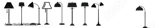 A vector icon of a floor lamp. This black illustration stands out against a white background, making it a straightforward pictogram for graphic and web design.