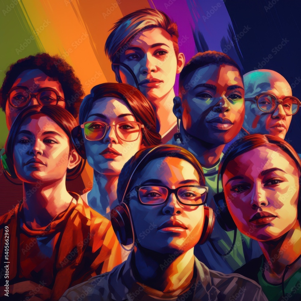 Obraz premium Diverse Pixel Art Portraits with Vibrant Rainbow Background