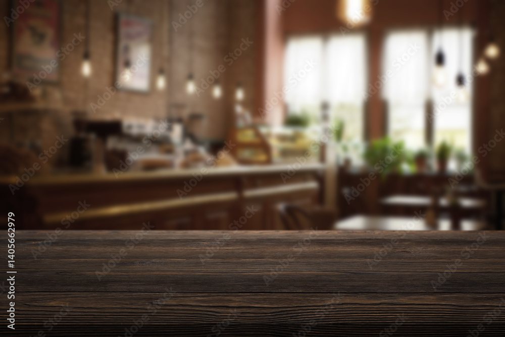 Empty wooden table and blurred background of abstract in front of restaurant or coffee shop for display of product or for montage. Empty wooden table and blurred background of abstract in front of restaurant or coffee shop for display of product or for montage.