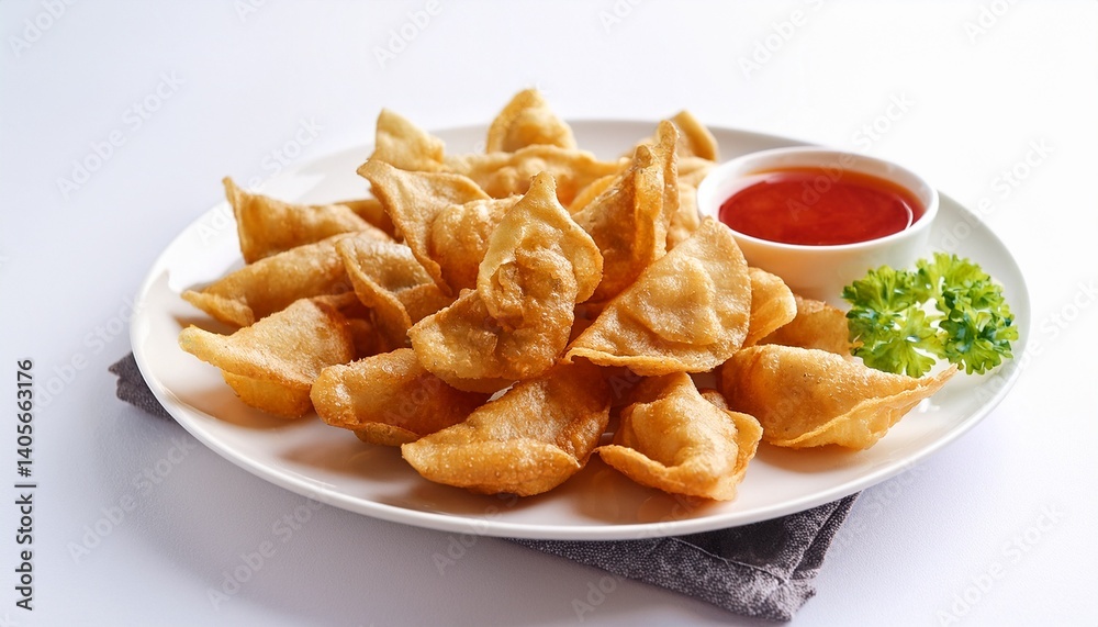 crispy wonton deep fried crispy pork wontons sheet on white plate with sweet chili sauce asian snack food crispy wonton deep fried crispy pork wontons sheet on white plate with sweet chili sauce asian snack food