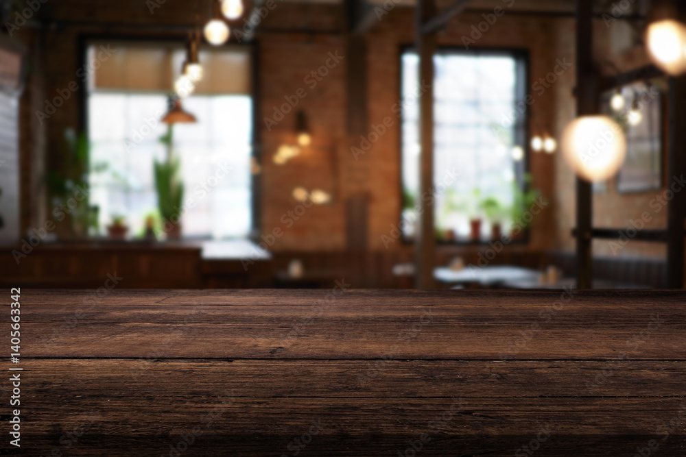 Fototapeta premium Image of wooden table in front of abstract blurred restaurant lights background.