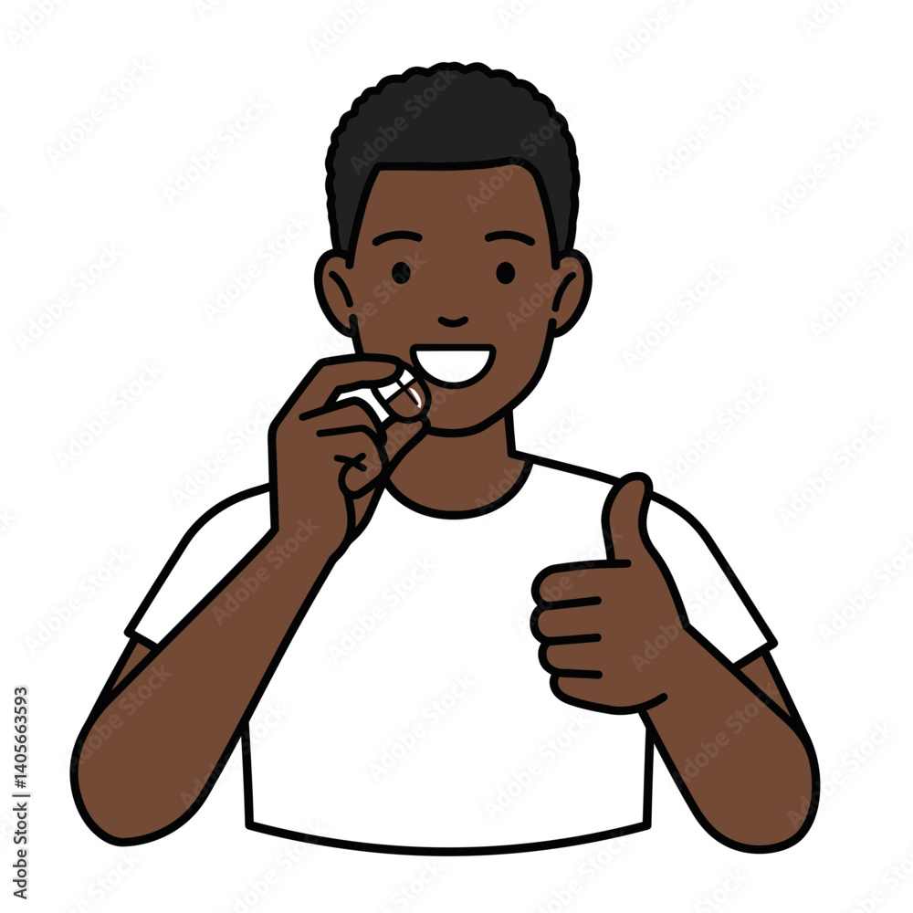 Healthy Choice: A cheerful individual, giving a thumbs up, pops a pill with confidence, representing health. This simple yet powerful image embodies health and wellness. Healthy Choice: A cheerful individual, giving a thumbs up, pops a pill with confidence, representing health. This simple yet powerful image embodies health and wellness.