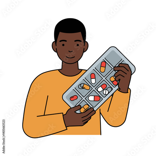Pill Organizer: A cartoon illustration depicting a man holding a daily pill organizer with various colorful pills and capsules, emphasizing health and wellness. 