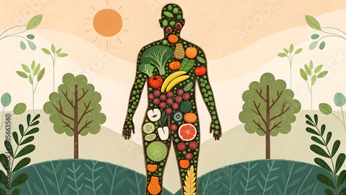 Human Organs Illustrated with Fruits and Vegetables - Edible Anatomy and Nutrition Concept