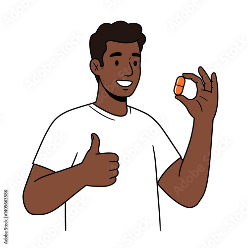 Health Approval: A cheerful individual, sporting a casual white shirt, presents a medication pill with a friendly smile and enthusiastic thumbs-up, highlighting wellness and the concept of treatment.