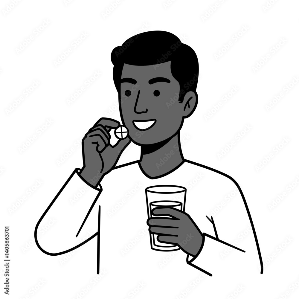 Health and Well-being: A man smiles brightly as he takes a pill with a glass of water, demonstrating a proactive approach to personal health and wellness. Health and Well-being: A man smiles brightly as he takes a pill with a glass of water, demonstrating a proactive approach to personal health and wellness.
