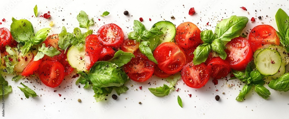 Refreshing vegetable composition of tomatoes, cucumbers, basil leaves, and pepper on a white surface Refreshing vegetable composition of tomatoes, cucumbers, basil leaves, and pepper on a white surface