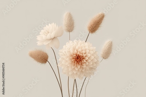 Elegant arrangement of soft-colored flowers on a neutral background showcasing delicate textures and shapes