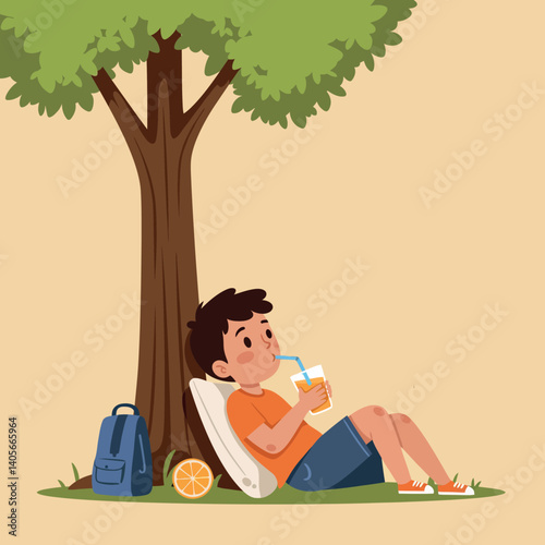 Young boy relaxing under a tree while sipping a cool drink in a flat vector illustration