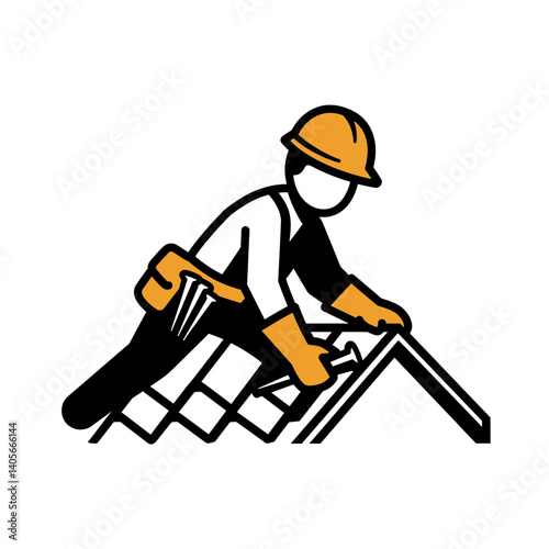 Roofer at Work: A diligent roofer, equipped with tools and a safety helmet, meticulously works on a roof, symbolizing construction and craftsmanship.
