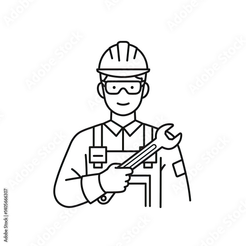 Skilled Technician: A line art illustration depicting a professional technician wearing a helmet and goggles, holding a wrench, embodying expertise and reliability.
