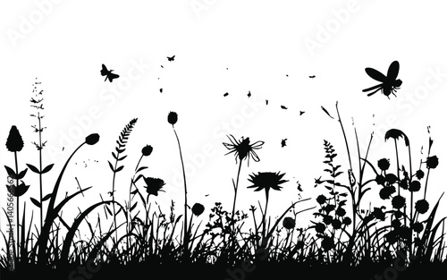 A vector illustration featuring the outline of grass along with flying insects like dragonflies, bees, butterflies, and ladybugs, alongside various flowers and plants.