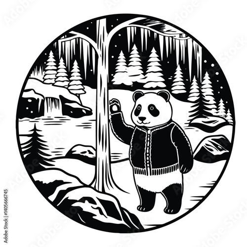 A black and white panda in ice-land silhouette vector art