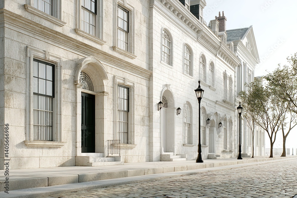 Fototapeta premium Elegant street view showcasing classic architecture with stone facades and elegant lamp posts during a clear sunny day