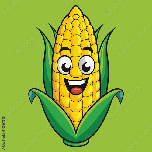 Smiling cartoon corn cob on a vibrant green background.