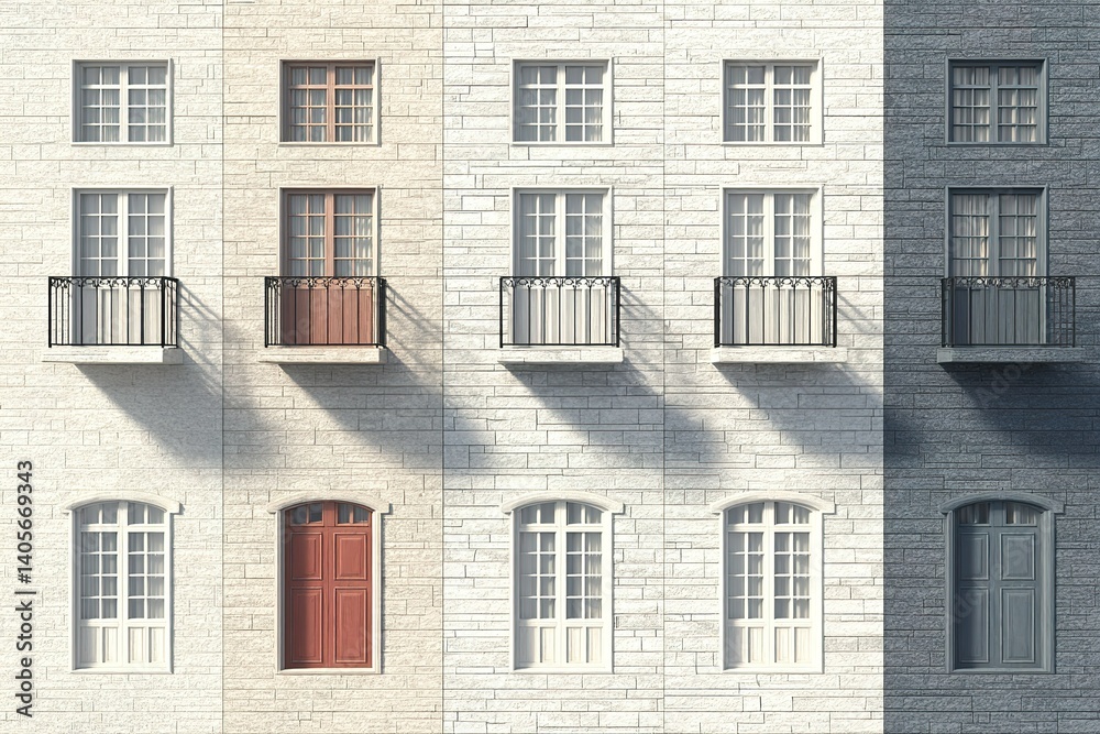 Fototapeta premium Unique architectural design featuring contrasting facades and balconies in urban setting during daylight