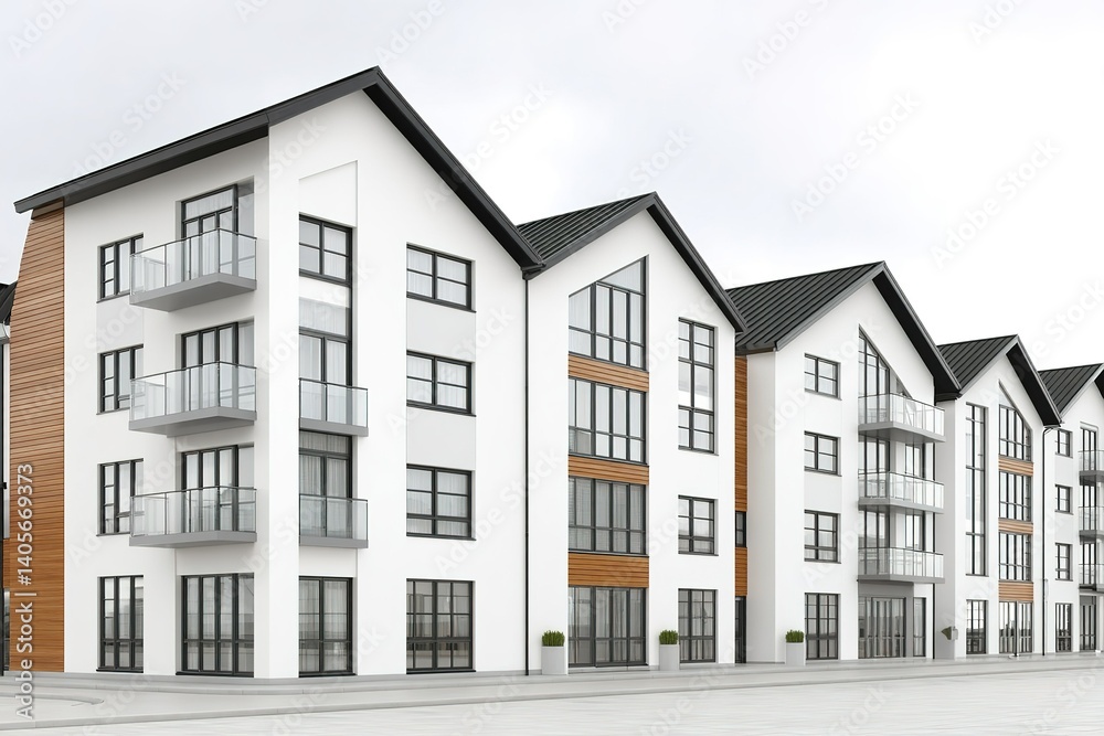 Modern residential building exterior with multiple balconies and large windows during daylight hours Modern residential building exterior with multiple balconies and large windows during daylight hours