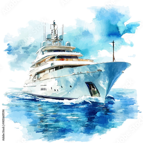 White Luxury Yacht Sailing Across Calm Blue, watercolor vector, isolated on a white background.