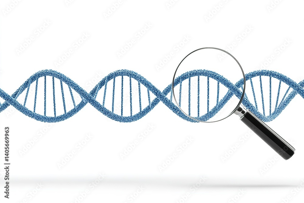 Magnifying glass examines a blue DNA strand highlighting genetic structure in scientific research Magnifying glass examines a blue DNA strand highlighting genetic structure in scientific research