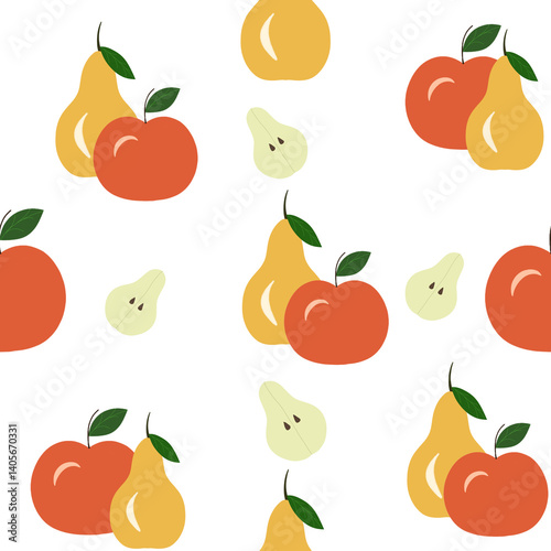 Seamless fruit pattern with apples, pears, and sliced pears on a white background. Bright, colorful, and simple flat design suitable for textiles or packaging.