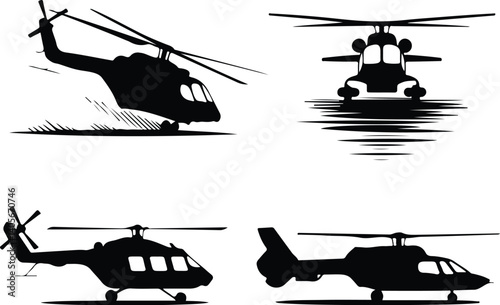 Flying Helicopters Silhouette | Black Vector Air Transport Set Helicopter Silhouette Set | Military & Rescue Chopper Drawing