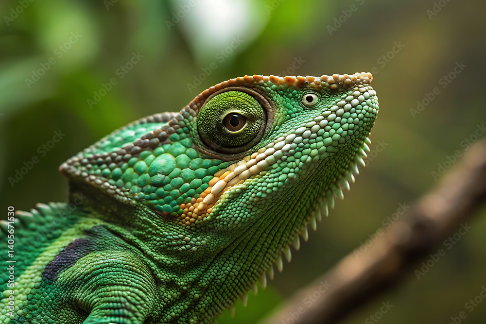 Obraz premium Green Chameleon Close-Up on Green Background - Ecology and Wildlife High-Resolution Render
