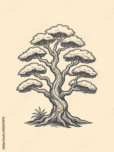 Old twisted tree in engraving style