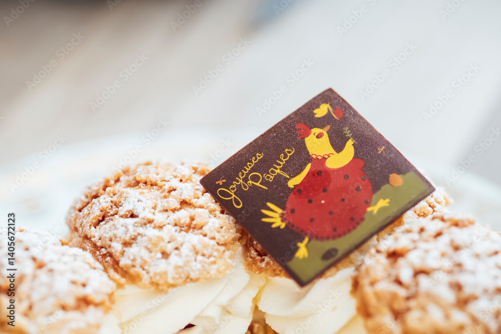 Plaque en chocolat décorée pour les gâteaux avec une poule mignonne et un texte Joyeuses Pâques