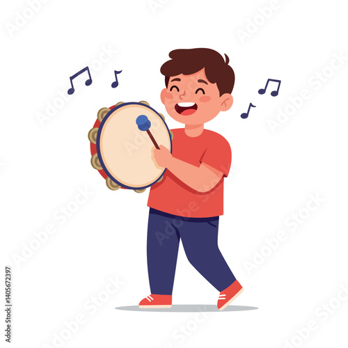 Cheerful boy playing a tambourine with enthusiasm in a colorful flat vector illustration, expressing joy and music in a playful setting
