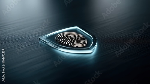 Futuristic glass shield with fingerprint icon symbolizing security and privacy
