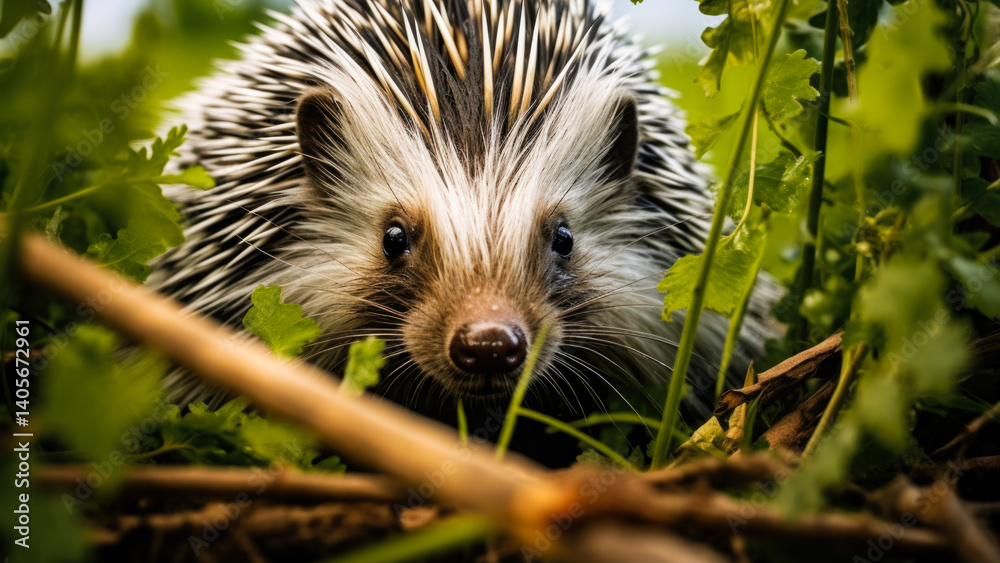 Naklejka premium A hedgehog looks up from the grass, camera focus
