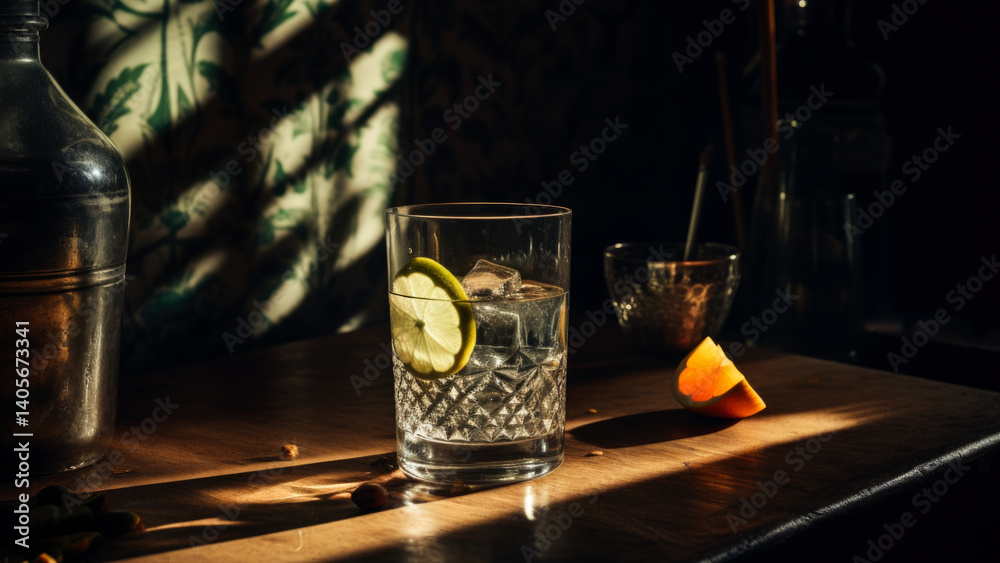 A glass of water placed on a wooden table, suitable for use in interior design or still life photography