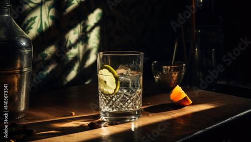 A glass of water placed on a wooden table, suitable for use in interior design or still life photography