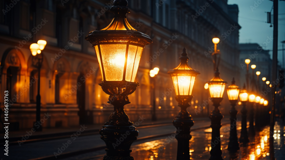 Urban scene with rain-soaked pavement and illuminated streetlights