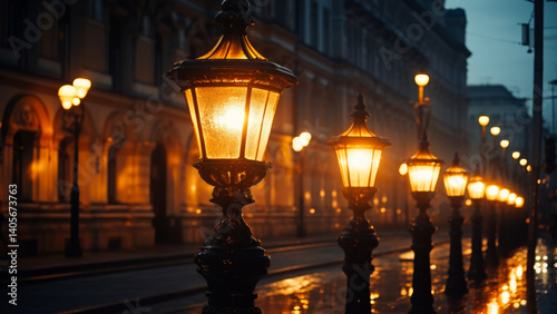 Obraz na płótnie Urban scene with rain-soaked pavement and illuminated streetlights w salonie