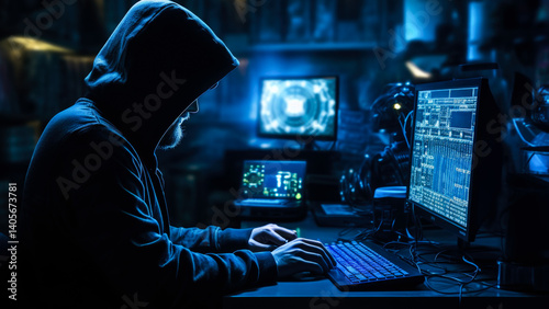 Obraz na płótnie A person wearing a hoodie works on a computer, perfect for depicting a private moment or tech-related scene w salonie