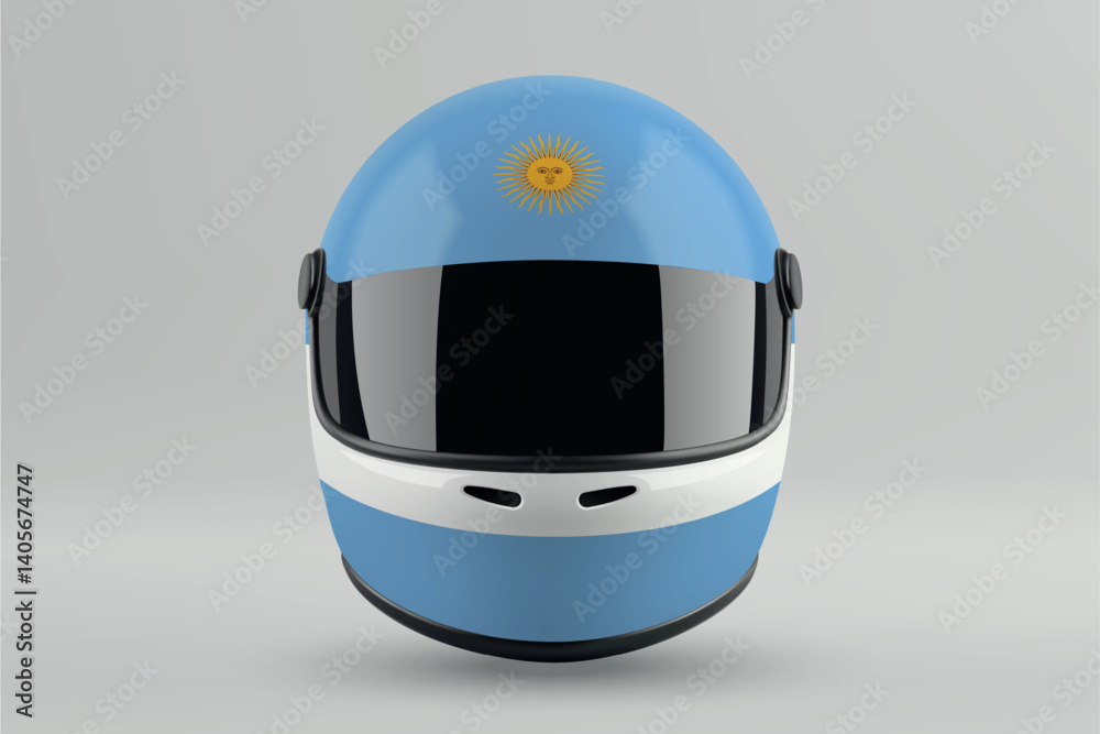 Front view of racing helmet featuring Argentina flag colors