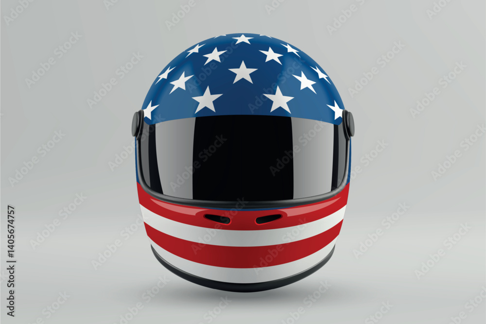 Front view of racing helmet featuring Unuted States flag colors