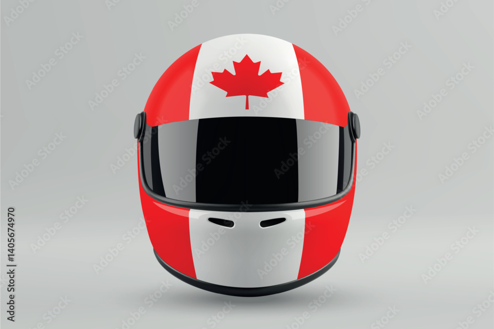 Front view of racing helmet featuring Canada flag colors