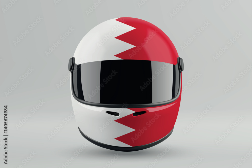 Front view of racing helmet featuring Bahrain flag colors