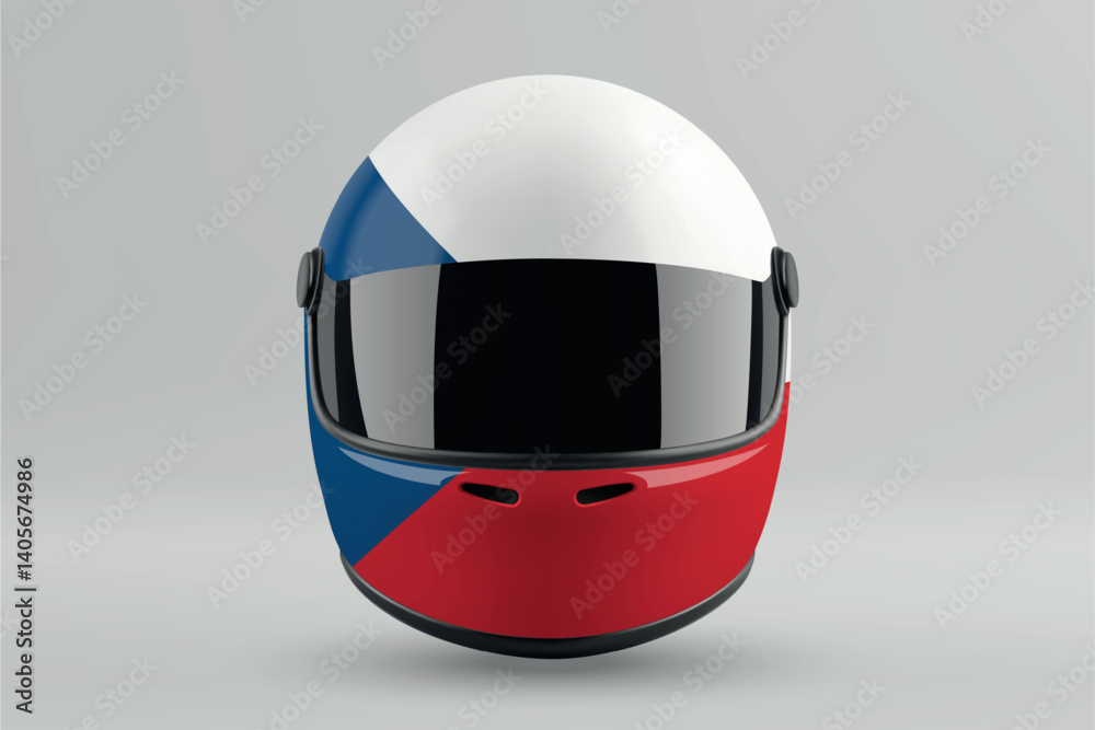 Front view of racing helmet featuring Czech Republic flag colors