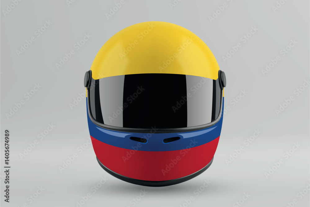 Front view of racing helmet featuring Colombia flag colors