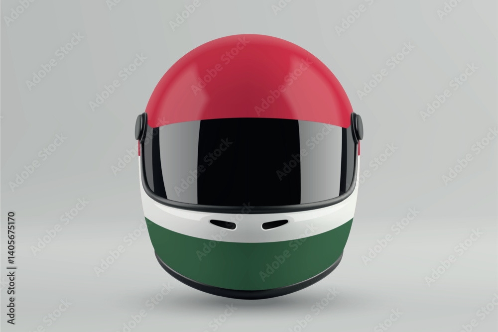 Front view of racing helmet featuring Hungary flag colors