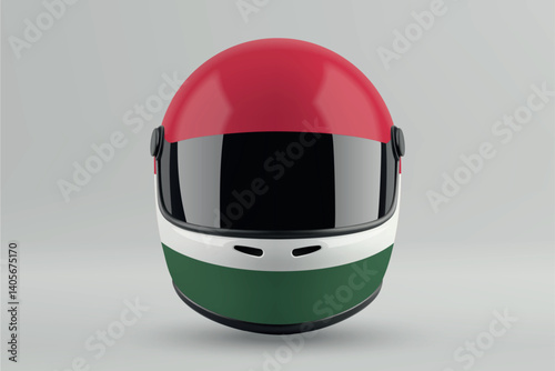 Front view of racing helmet featuring Hungary flag colors