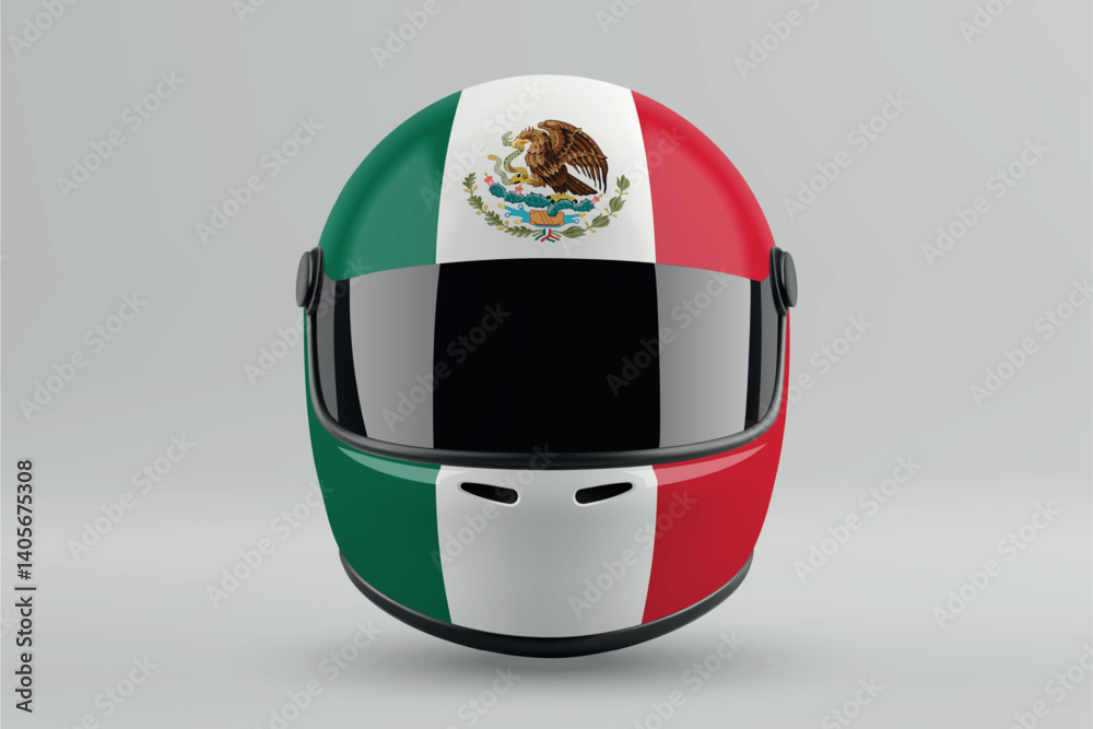 Front view of racing helmet featuring Mexico flag colors